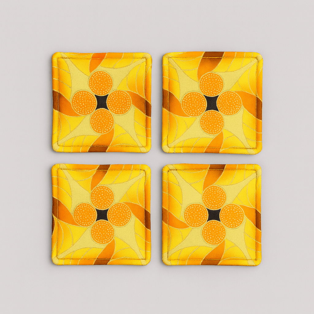 Handmade African Fabric Coasters – Yellow, Brown, Orange & Gold Set of 4 | Cultural Home Decor | Eco - Friendly Gift | Wax Print Drink Coasters - Gezia Accents