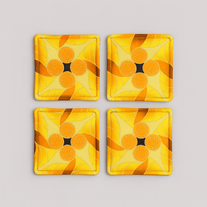 Handmade African Fabric Coasters – Yellow, Brown, Orange & Gold Set of 4 | Cultural Home Decor | Eco - Friendly Gift | Wax Print Drink Coasters - Gezia Accents