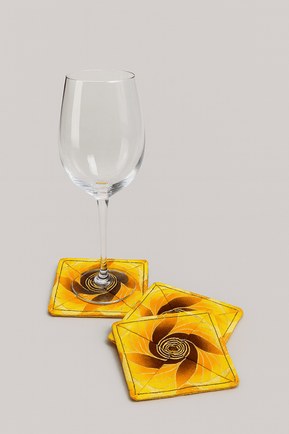 Handmade African Fabric Coasters – Yellow, Brown, Orange & Gold Set of 4 | Cultural Home Decor | Eco - Friendly Gift | Wax Print Drink Coasters - Gezia Accents