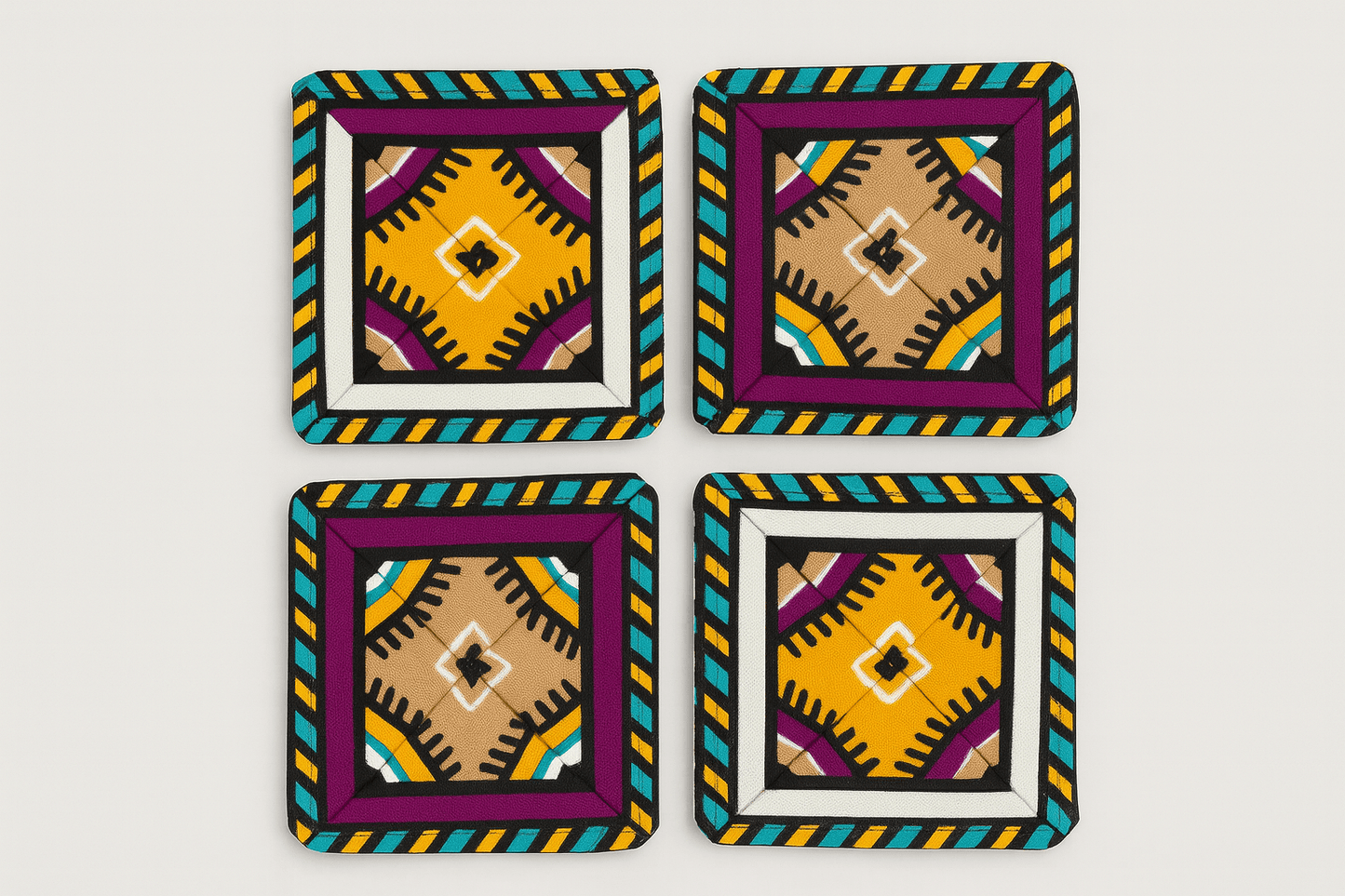 Handmade African Fabric Coasters – Yellow, Purple, Green, Black & Beige Set of 4 | Cultural Home Decor | Eco - Friendly Gift | Wax Print Drink Coasters (Copy) (Copy) - Gezia Accents