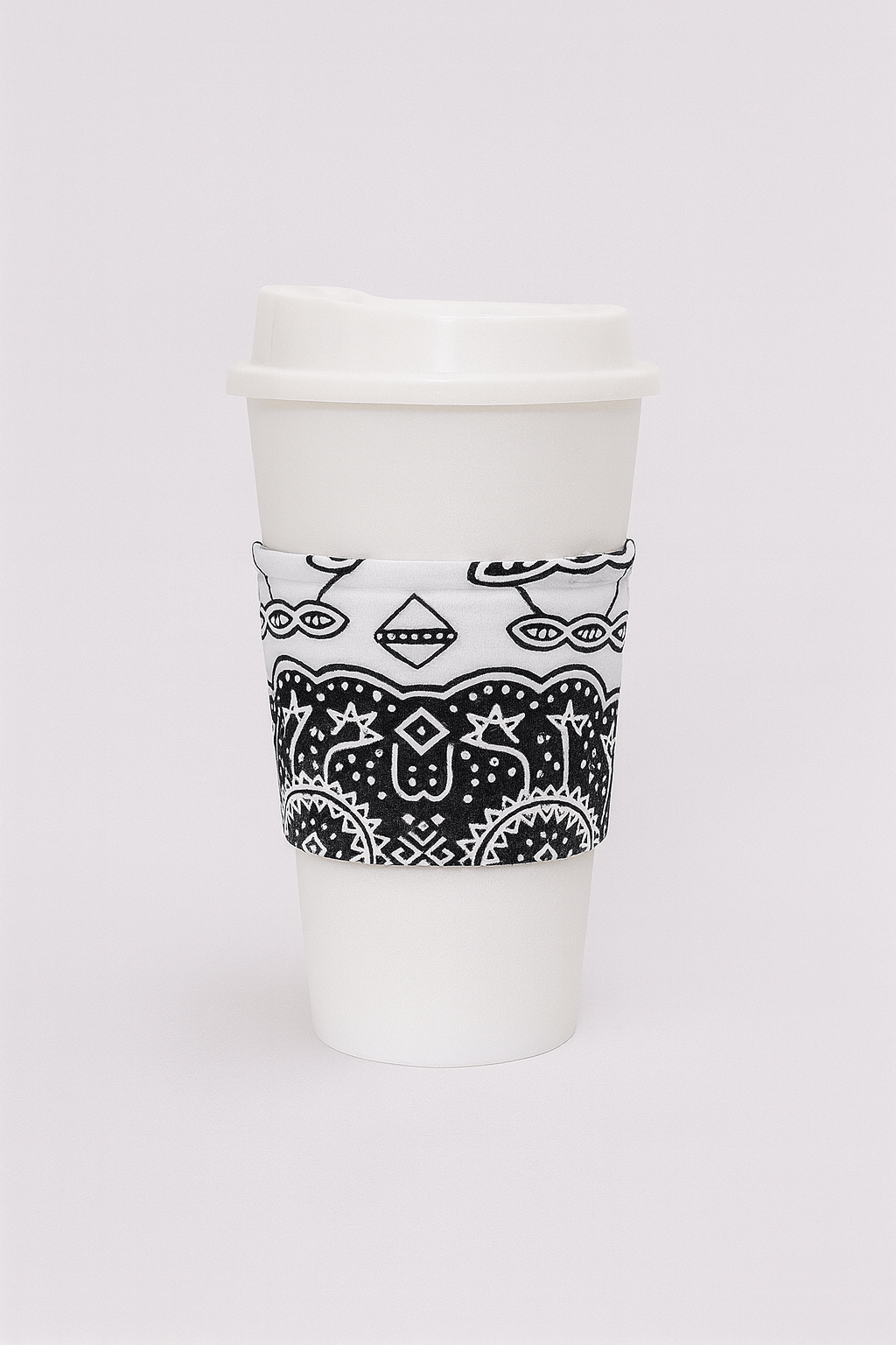 "African Wax Print Cup Sleeve - White and Black | Reusable Coffee Cozy - Gezia Accents"