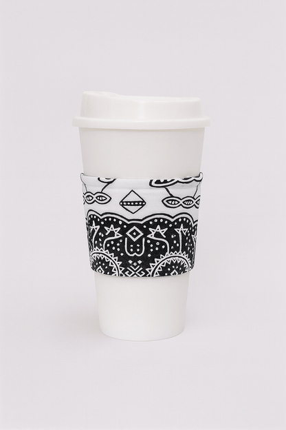"African Wax Print Cup Sleeve - White and Black | Reusable Coffee Cozy - Gezia Accents"