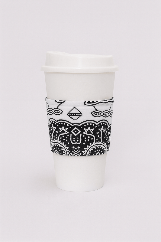 "African Wax Print Cup Sleeve - White and Black | Reusable Coffee Cozy - Gezia Accents"