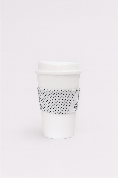 "African Wax Print Cup Sleeve - White and Black | Reusable Coffee Cozy - Gezia Accents"