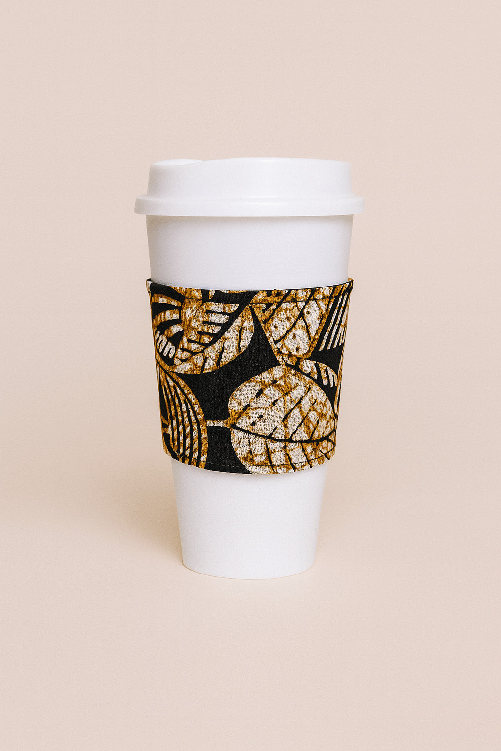 "African Wax Print Cup Sleeve - Black, Cream & Gold| Reusable Coffee Cozy - Gezia Accents"
