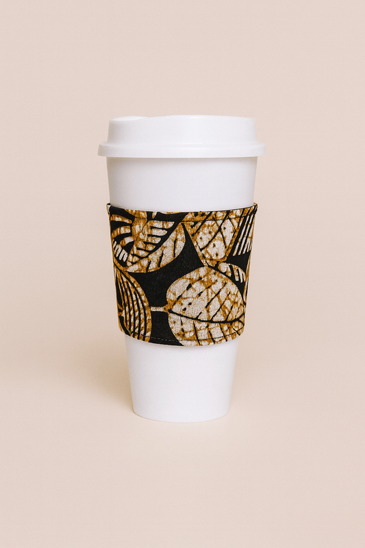 "African Wax Print Cup Sleeve - Black, Cream & Gold| Reusable Coffee Cozy - Gezia Accents"