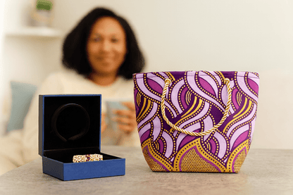 🖤 Handmade African Wax Print Mini Pouch | Extra Small Bag | Dark Purple, Purple, and Gold Ethnic Fabric | Coin Bag | Cultural Gift Idea 🌍🎁 - Gezia Accents