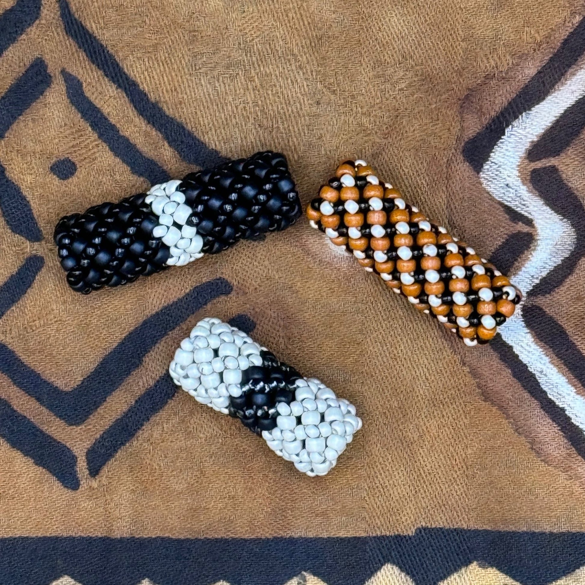 Loc Jewelry - Medium Tri - colored Weave Mud Cloth Bead - Gezia Accents