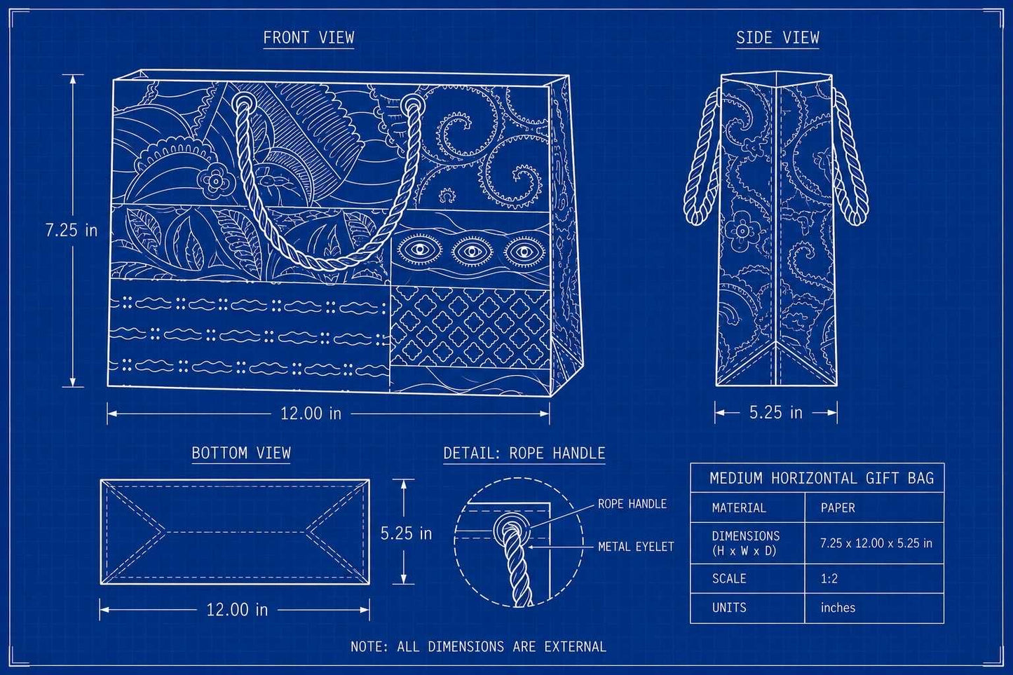 Technical drawing of a decorative gift bag with measurements on a blue background