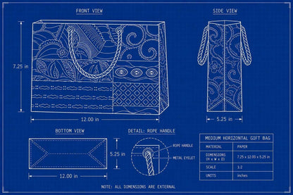 Technical drawing of a decorative gift bag with measurements on a blue background