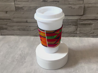 🌍 African Wax Print Cup Sleeve | Orange, Red, Black, Green, White & Yellow | Reusable Coffee Cozy | Eco-Friendly Gift ☕🌿